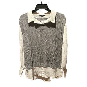 Adrianna Papell Solid Open V-neck Twofer Sweater in Heather Gray Medium